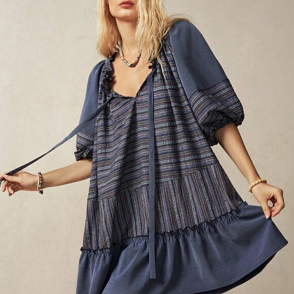 Multicolor Cute Women's Vacation Contrast Striped Ruffle Hem Tie Neck Dress - Picture 6 of 8